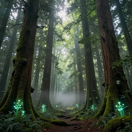 Mysterious forest photograph: Tall, moss-covered redwood trees with sunlight filtering through, glowing green mushrooms lining a misty, winding path.