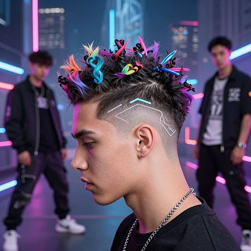 Photograph of a young Asian man with neon-colored spiked hair, geometric undercut, and stud earring, wearing a black shirt, in a neon-l