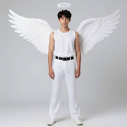 Photograph of an Asian male with black hair, wearing white angel wings, halo, and outfit, standing against a plain white background.