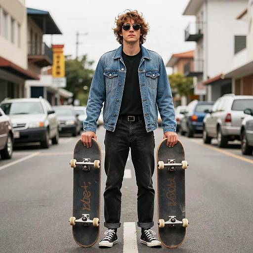 Photograph of a young man with curly hair, wearing sunglasses, denim jacket, black shirt, and pants, holding two skateboards on a suburban street