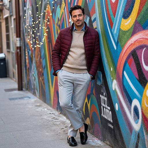 Photograph of a stylish man with short black hair, light brown skin, wearing a red quilted jacket, beige sweater, white pants, black shoes