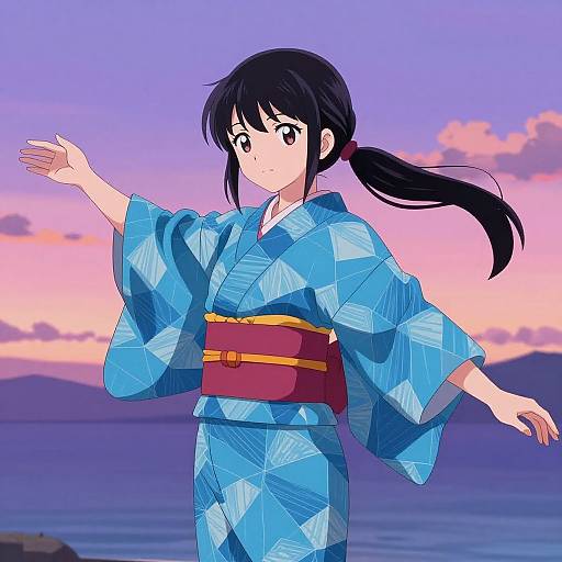 Anime Girl in Blue Kimono at Sunset