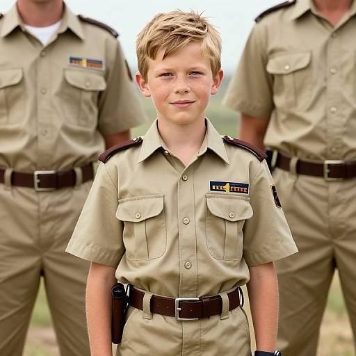 Photograph of a young boy in a khaki Boy Scout uniform with badges, standing in front of two adult Boy Scout leaders in similar uniforms, outdoors