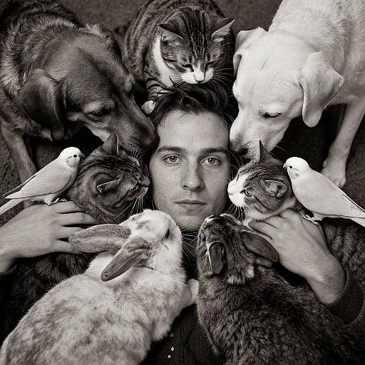 Black-and-white photograph of a serious-faced man surrounded by various cats and birds, their heads nestled close to his.