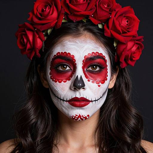 Photograph of a woman with white face paint, red eye makeup, and black nose, wearing a red rose headpiece against a black background. D