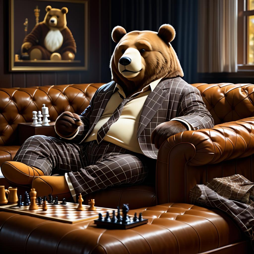 Charming Bear Playing Chess in Pajamas