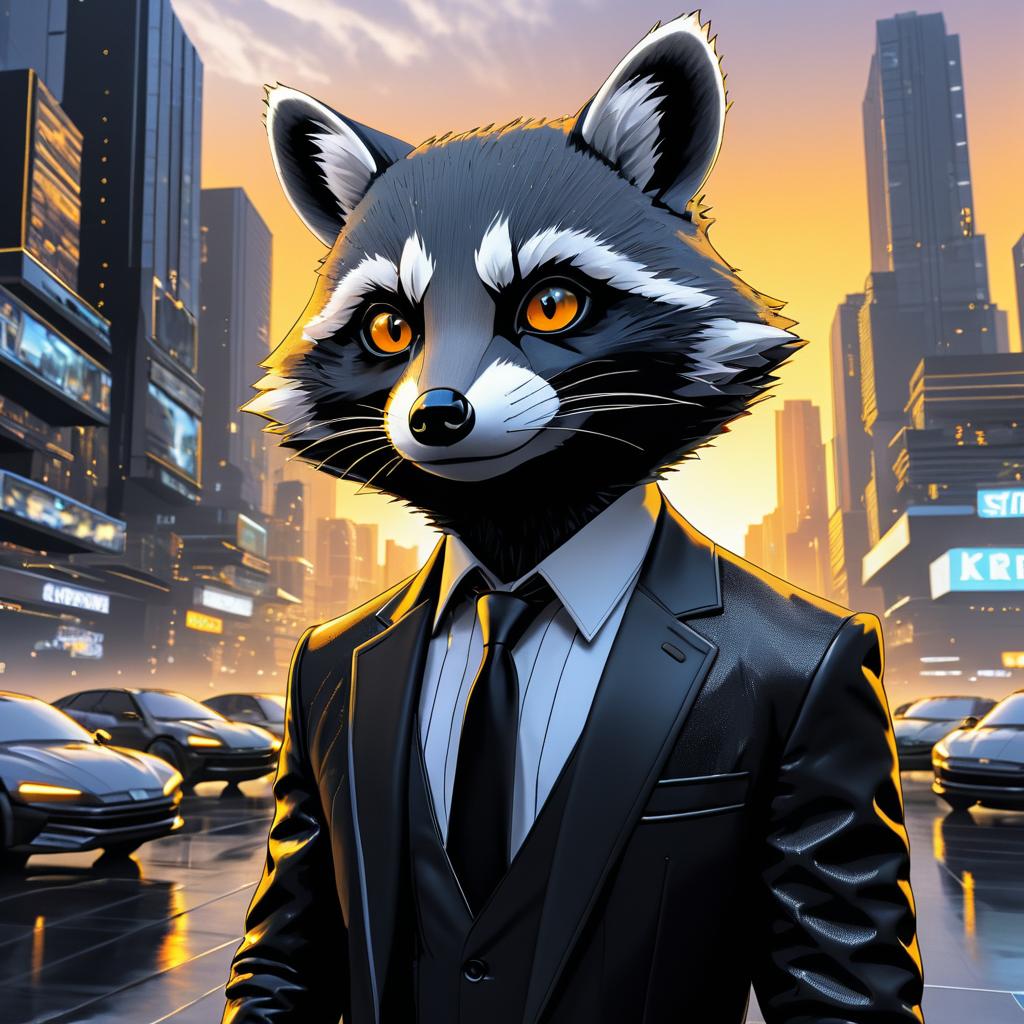 Cunning Raccoon in Dystopian Cityscape