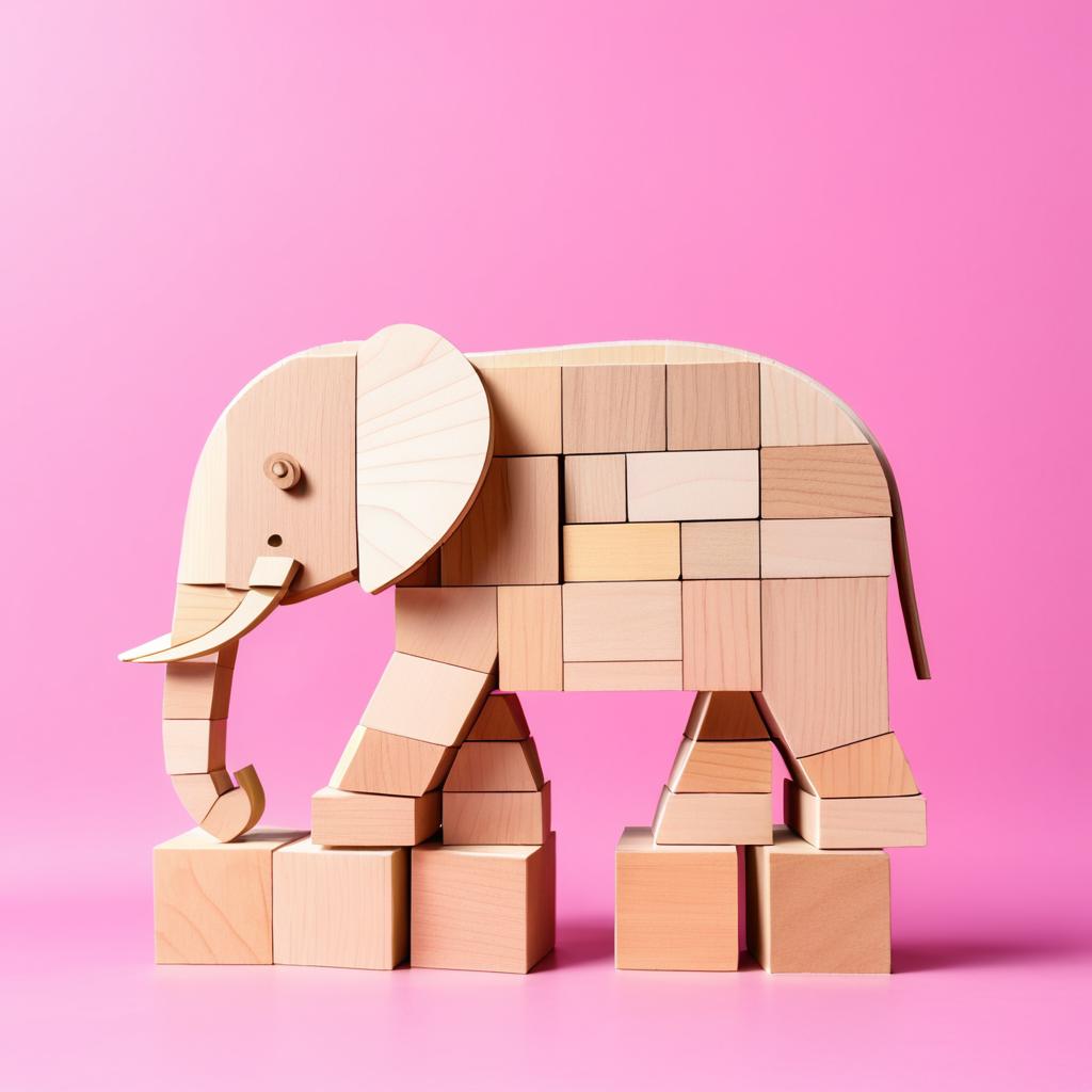 Wooden Block Elephant on Pink Canvas