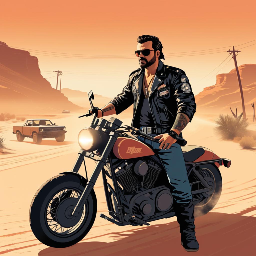 Rebellious Biker on Desert Road Adventure