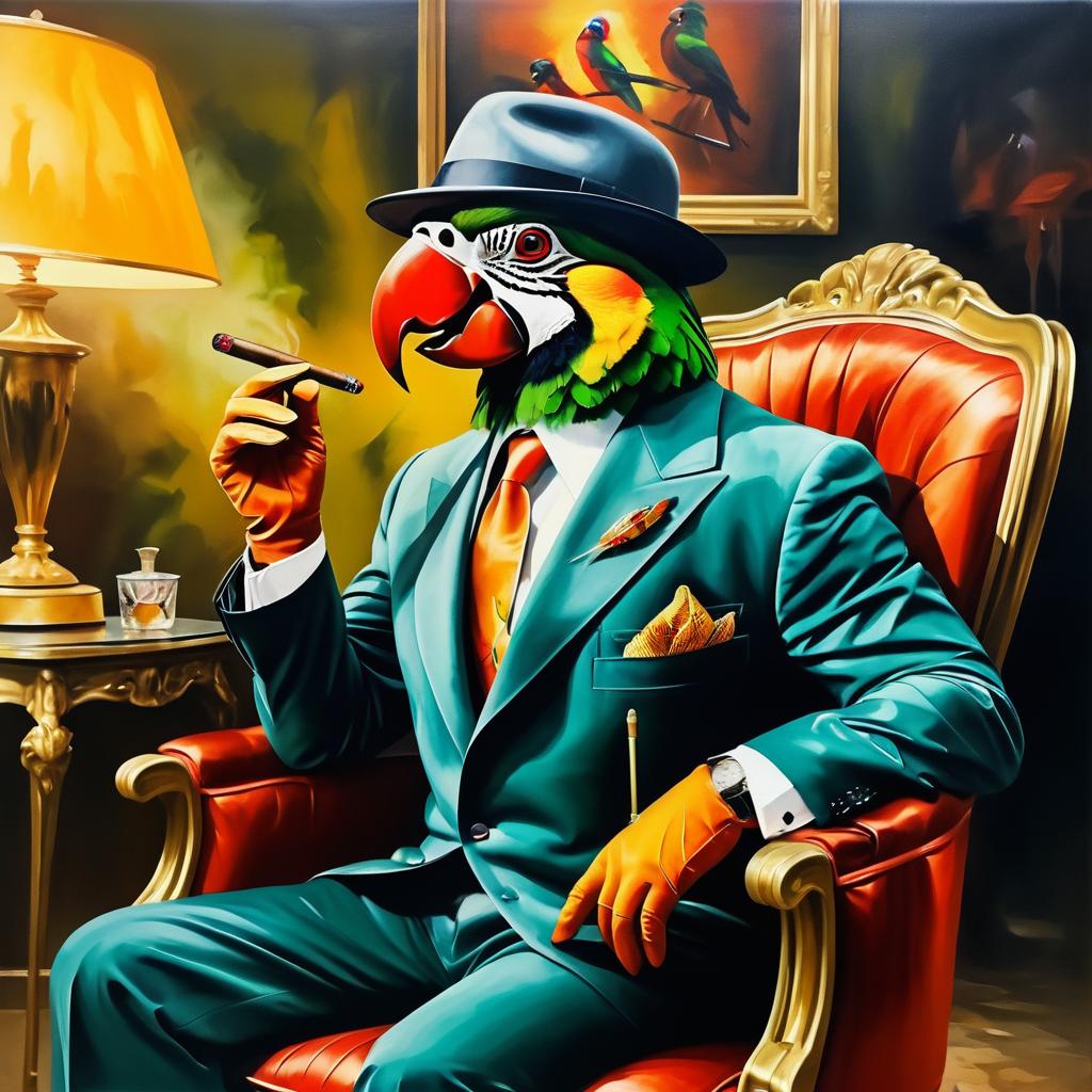 1950s Mob Boss Parrot Oil Painting