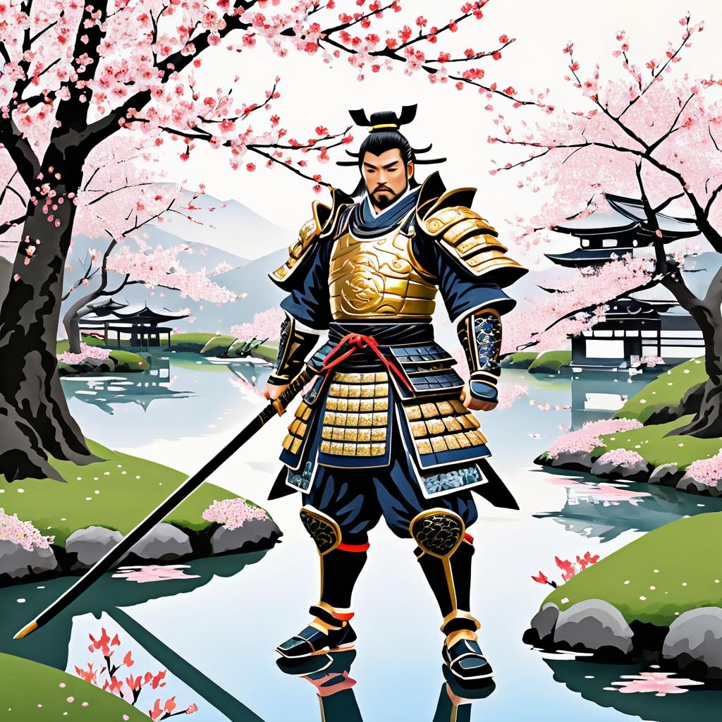 Fierce Samurai in Cherry Blossom Landscape