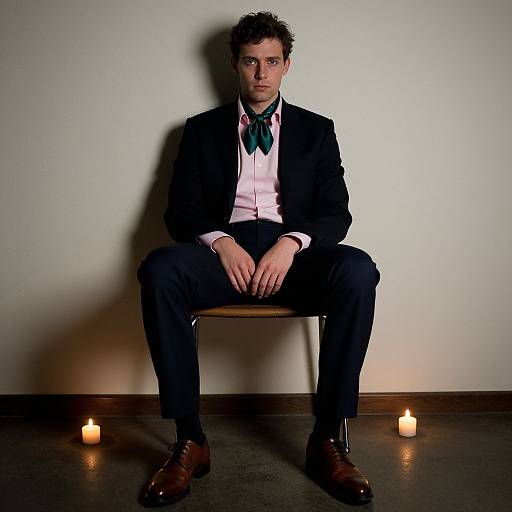 Photograph of a serious, curly-haired man in a black suit, white shirt, and green bow tie, sitting on a bench, flanked by