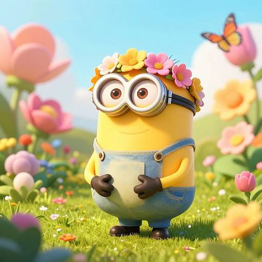 CGI image of Minions-style character wearing flower crown, goggles, denim overalls, standing in colorful, sunny flower field with a butterfly.