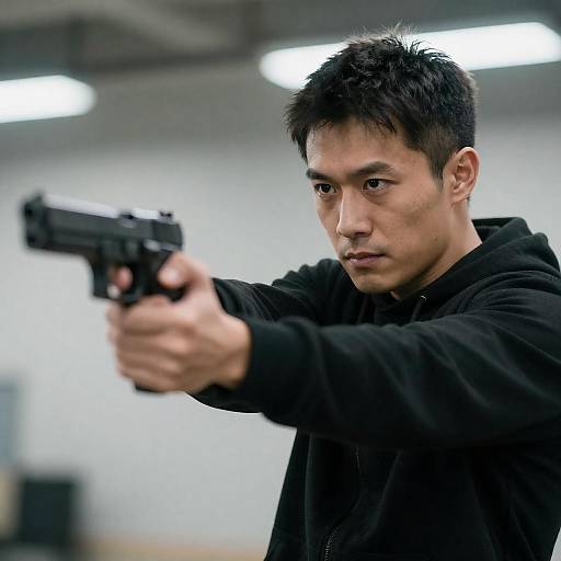 Grainy Indoor Portrait Man Aiming Gun