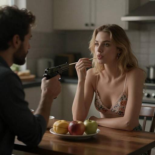 Tense Moment in Kitchen with Gun and Woman