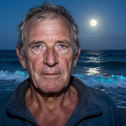 Photograph of an elderly man with gray hair and blue eyes, wearing a dark jacket, standing in a moonlit ocean at night with waves in the