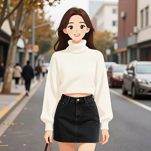 Digital anime-style drawing of a smiling young woman with long brown hair, wearing a white turtleneck and black skirt, standing on a busy urban street