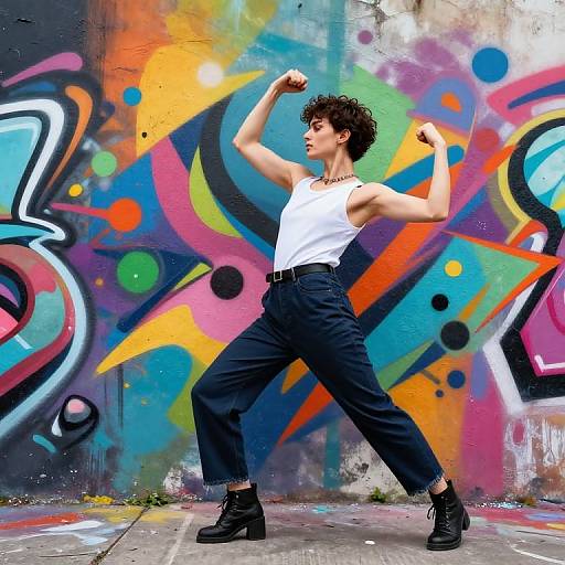 Photograph of a curly-haired young man in a white tank top and black pants, flexing his arms in front of a vibrant, colorful graffiti wall