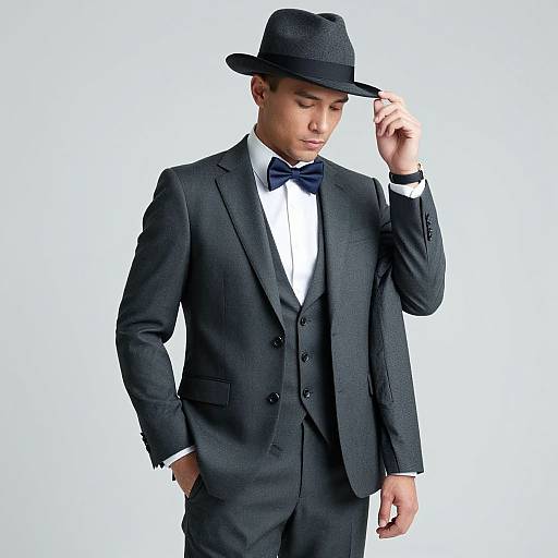 Photograph of an Asian man in a black suit, white shirt, blue bow tie, and black hat, adjusting his hat with a confident expression.
