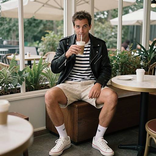Photograph of a young man with curly hair, wearing a black leather jacket, striped shirt, white shorts, white socks, and white sneakers, s