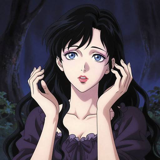 Digital anime-style portrait of a woman with long black hair, blue eyes, fair skin, and wearing a black, ruffled dress, touching her face