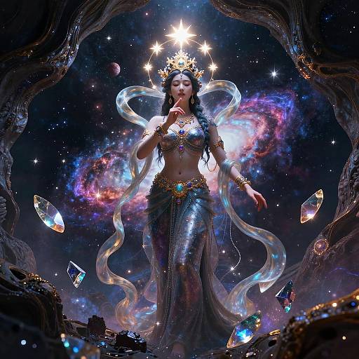 Digital artwork of a celestial queen with a star-crowned head, wearing a glittering silver top and skirt, surrounded by cosmic clouds and floating crystals,