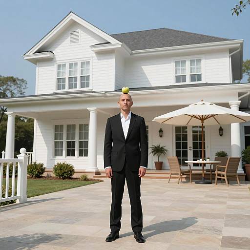 Bald Man Balancing Apple Near Mansion