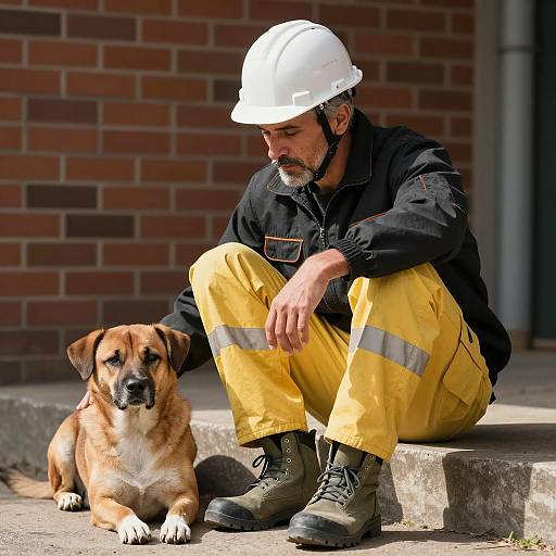 Construction Worker Sitting with Dog