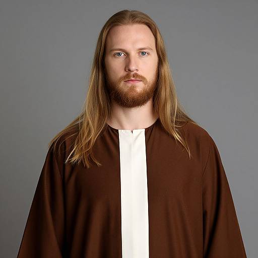Photograph of a fair-skinned, blue-eyed man with long blonde hair and a full beard, wearing a brown robe over a white tunic,