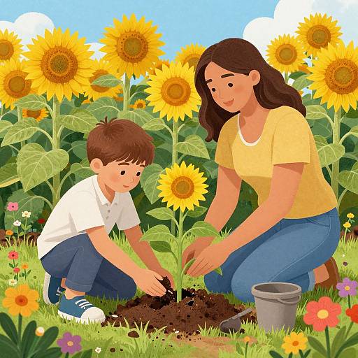 Digital illustration of a brown-haired woman and boy planting sunflowers in a vibrant field, surrounded by colorful flowers and blue sky.