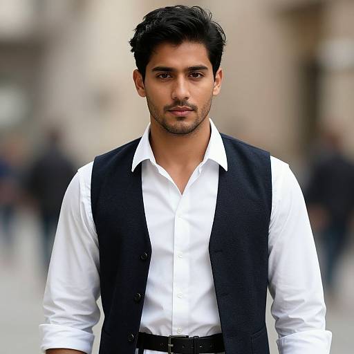 Photograph of a handsome Indian man with dark hair, light brown skin, and trimmed beard, wearing a white shirt and black vest, standing in a
