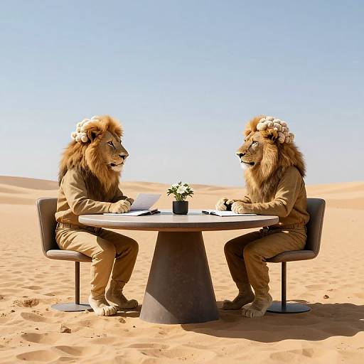 Photograph of two anthropomorphic lions wearing brown suits, seated at a round table in a desert, facing each other under a clear blue sky, with