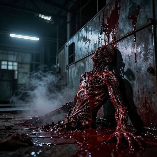 Photorealistic CGI of a blood-soaked, zombie-like creature with exposed muscles, sitting against a grimy, bloodstained wall in a dim