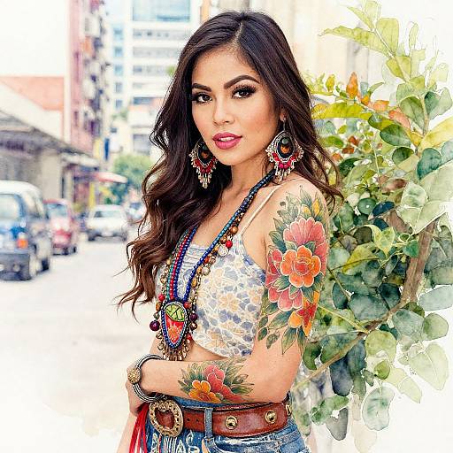 Photograph of an Asian woman with long dark hair, colorful tattoos, floral crop top, denim jeans, and detailed jewelry, standing against a leafy