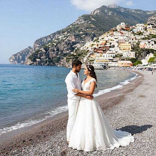 Photograph: Bride in white gown, groom in white shirt, embracing on pebbly beach with blue sea and hillside village backdrop.