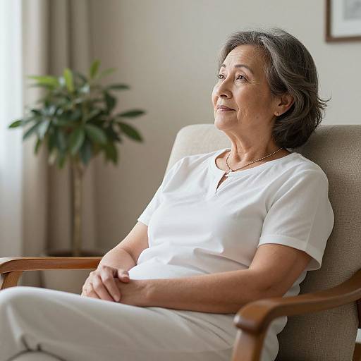 Photograph of an elderly woman with short gray hair, wearing a white blouse and pants, sitting in a beige armchair, looking thoughtfully to the