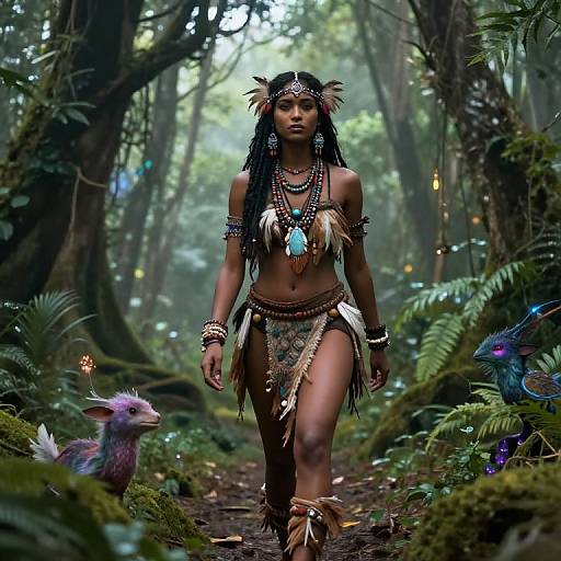 Photorealistic digital art: Dark-skinned woman with dreadlocks, tribal jewelry, and fur loincloth walks through enchanted forest, flanked by