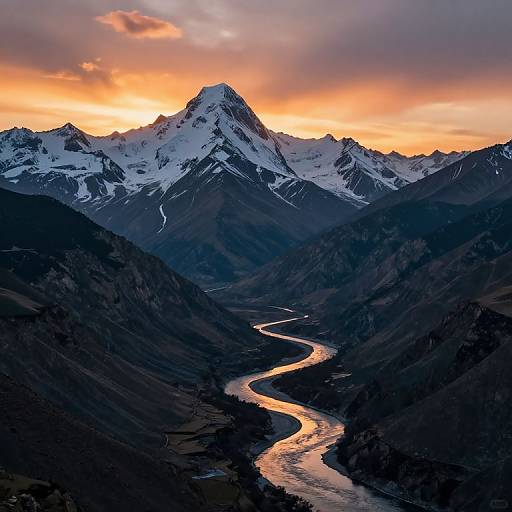 Photograph of a dramatic sunset over snow-capped mountains, with a winding river reflecting the orange and purple sky, nestled in dark, shadowed valleys