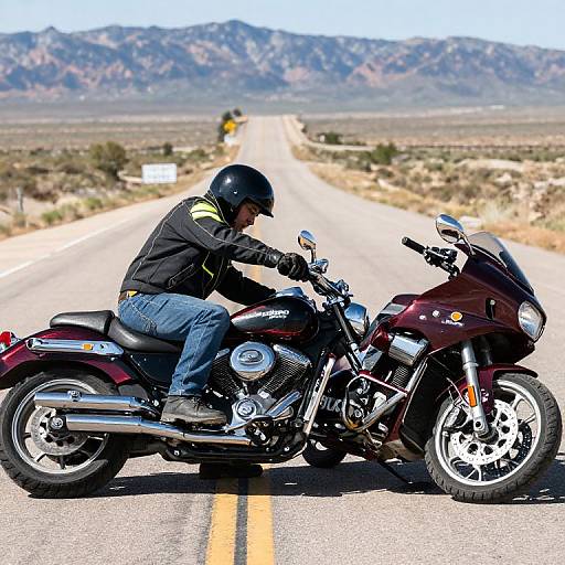 Photograph of a motorcyclist in black gear and helmet, riding a maroon Harley-Davidson on a deserted, mountainous road.