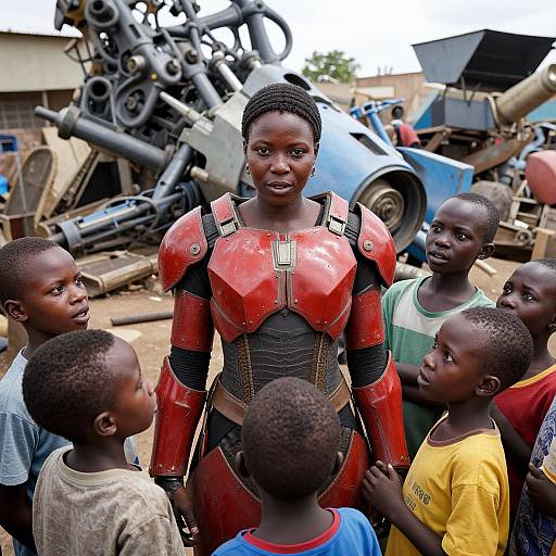 Photograph of a black woman in red and black armored suit, standing among six African children in colorful clothes, amidst a background of broken machinery and blue