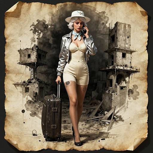 Digital artwork of a confident, pale-skinned woman with short white hair, wearing a white hat, shiny silver jacket, and tight white shorts, holding