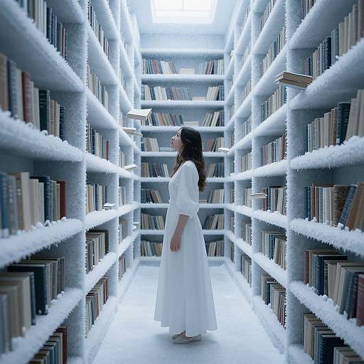 Photograph of a woman in a white dress standing in a glowing, illuminated library aisle with shelves of books on both sides.