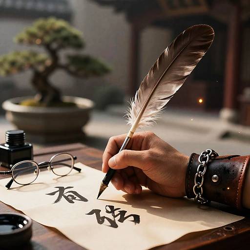 Calligraphy with Feather Quill in Ancient Courtyard