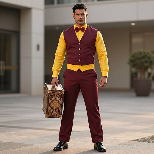 Photograph of a serious man in maroon vest and yellow shirt, black shoes, holding a patterned bag, standing in a modern urban plaza.