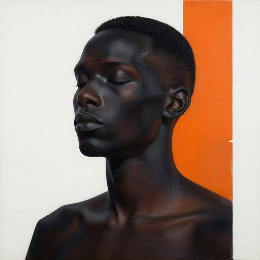 Photorealistic portrait of a dark-skinned, shirtless Black man with short hair, closed eyes, and serene expression, against a white and orange