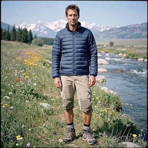 Photograph of a rugged man in a navy blue puffer jacket, beige capri pants, and hiking boots, standing in a meadow with wild