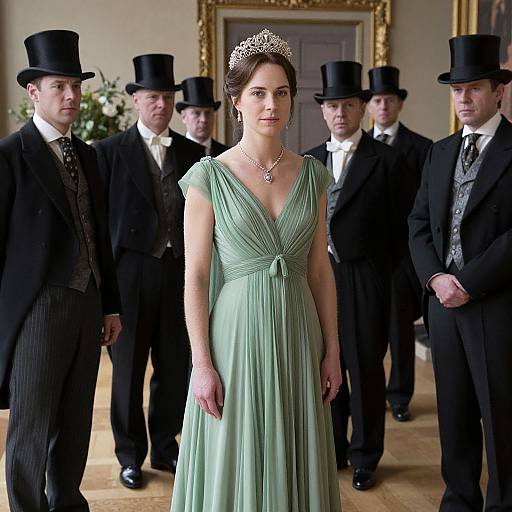 Photograph: Elegant woman in green gown and tiara stands centered, flanked by six men in black top hats and formal attire. Background: orn
