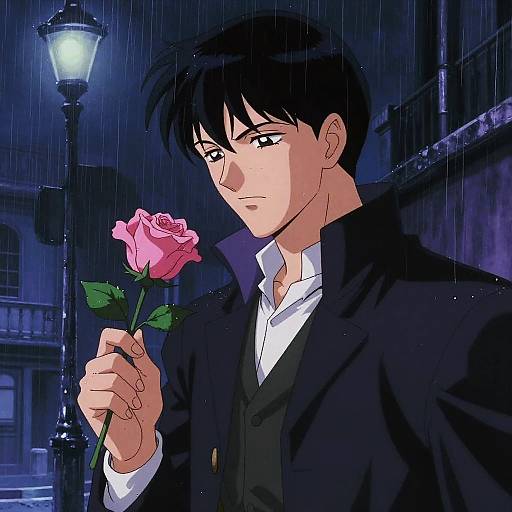Anime-style illustration of a handsome young man with black hair, holding a pink rose in a rainy night street, wearing a black coat and white shirt,