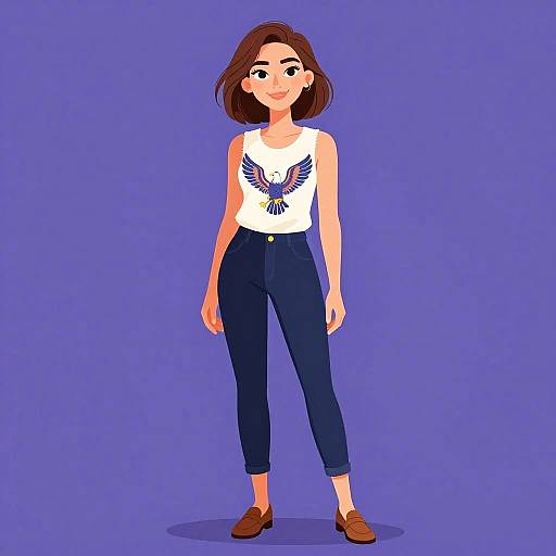 Digital illustration of a smiling young woman with brown hair, wearing a white sleeveless top with a blue bird graphic, navy capri pants, and brown