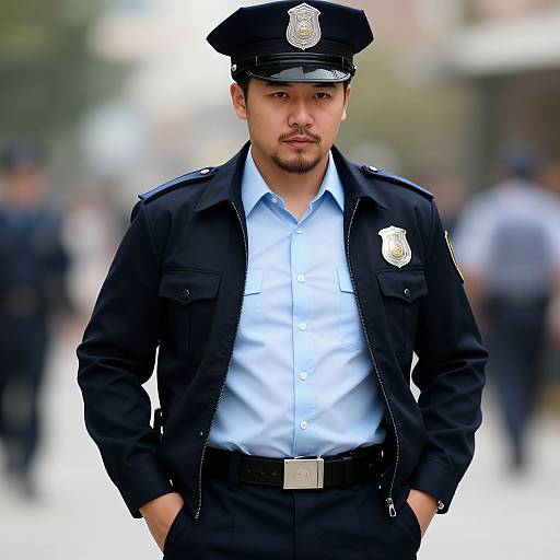 Photograph of a serious male police officer with light skin, short dark hair, and mustache, wearing a black uniform with badge, light blue shirt
